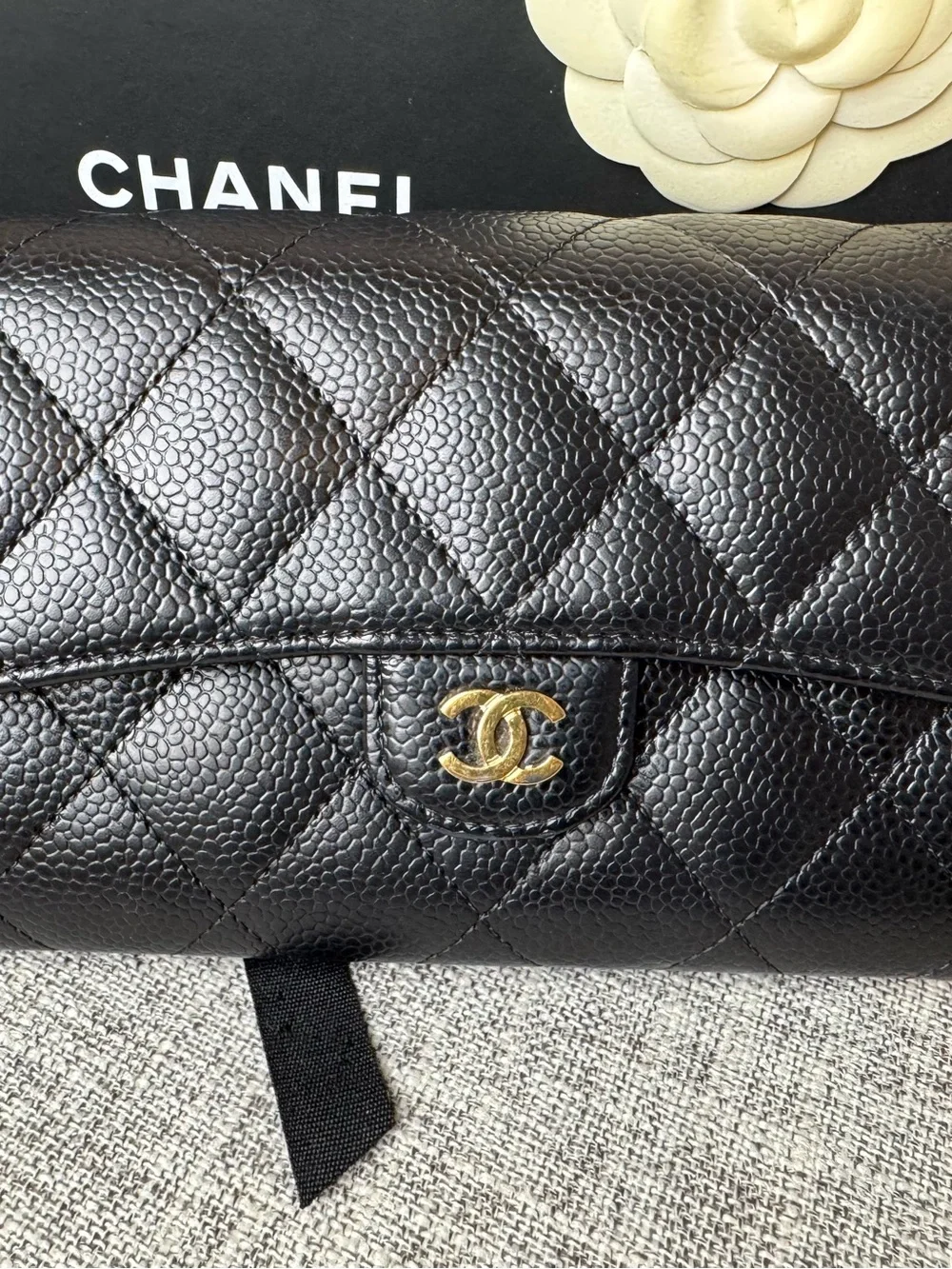 NCHANEL Black Quilted Caviar Leather Caviar Long Flap Wallet Black with Gold CC